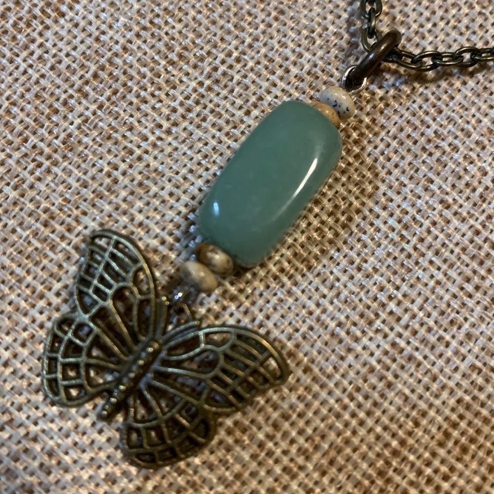 Butterfly Necklace Green Stone One of a kind Hand Crafted - Picture 2 of 7